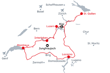 Karte der Schweiz mit der Reiseroute Winterpanorama und Berggipfel von St. Gallen nach Luzern