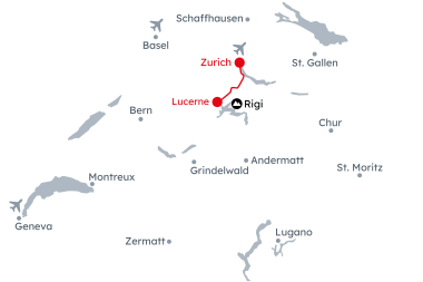 Map of Switzerland with the itinerary Christmas Markets in Zurich and Lucerne