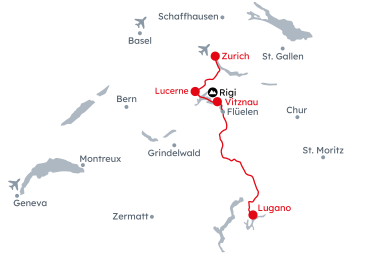 Map of Switzerland with the itinerary Cities by the Lakes from Zurich to Lugano