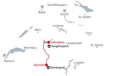 Map of Switzerland with the itinerary Famous mountain peaks in Interlaken and Zermatt