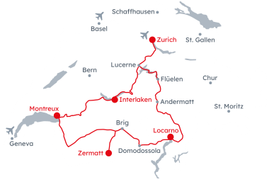 Map of Switzerland with the itinerary of the Grand Train Tour of Switzerland - Alpine Riviera from Lucerne