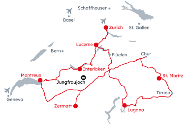 Map of Switzerland showing the Grand Train Tour of Switzerland – Classic Jungfrau itinerary