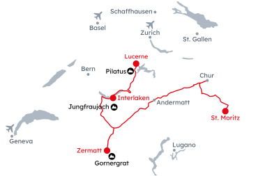 Map of Switzerland with the itinerary Highlights of Switzerland from St. Moritz to Lucerne