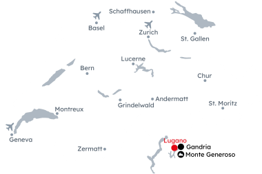 Map of Switzerland showing the itinerary Lugano – Mediterranean paradise