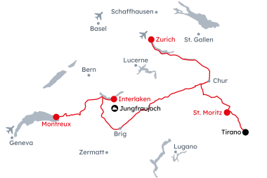 Map of Switzerland showing the route of the panoramic journey from Montreux to St. Moritz