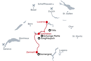 Map of Switzerland with the itinerary Scenic Mountain Railways from Lucerne to Zermatt