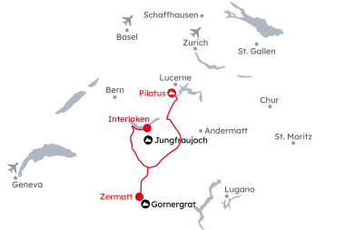 Map of Switzerland with the itinerary Winding Roads and Mountain Peaks – Road Trip from Interlaken to Pilatus