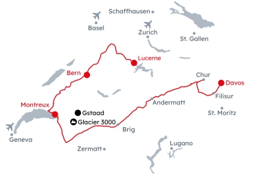 Map of Switzerland showing the route Winter Journeys by Sleigh and Train from Davos to Lucerne