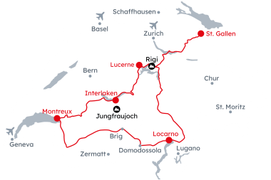 Map of Switzerland with the itinerary Winter Panorama and Mountain Peaks from St. Gallen to Lucerne
