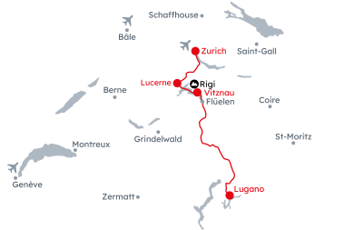 Carte de la Suisse avec l'itinéraire Au fil des villes et lacs suisses de Zurich à Lugano
