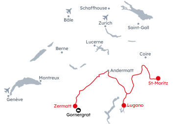 Carte de la Suisse avec l'itinéraire Grand Tour of Switzerland – Délices Culinaire de St-Moritz à Zermatt