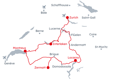 Carte de la Suisse avec l'itinéraire du Grand Train Tour of Switzerland – Rivieras alpines au départ de Lucerne