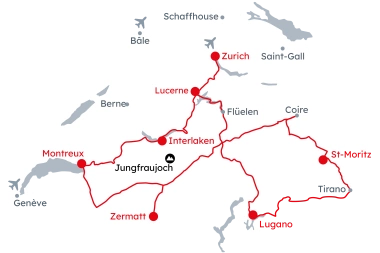 Carte de la Suisse avec l'itinéraire du Grand Train Tour of Switzerland – Classique Jungfrau