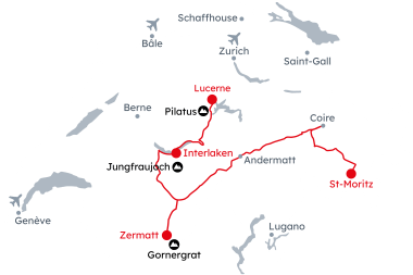 Carte de la Suisse avec l'itinéraire Les cimes de la Suisse de Saint-Moritz à Lucerne