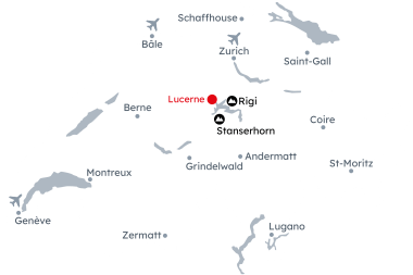 Carte de la Suisse avec l'itinéraire Lucerne – Au cœur des lacs et des Alpes