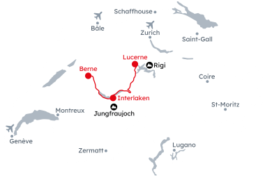 Carte de la Suisse avec l'itinéraire Échappée hivernale à Lucerne, Interlaken et Berne