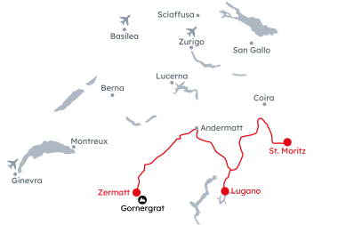 Mappa della Svizzera con l'itinerario Grand Tour of Switzerland – Delizie Culinarie da St. Moritz a Zermatt
