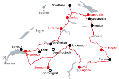 Mappa della Svizzera con l'itinerario Grand Tour of Switzerland Explorer – Panoramico (Viaggio di gruppo) da Zurigo