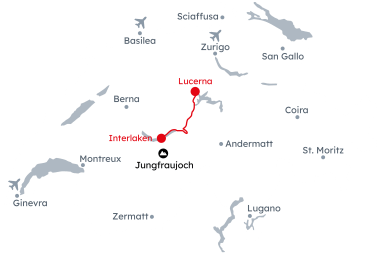 Mappa della Svizzera con l'itinerario Avventure in Montagna a Interlaken e Lucerna