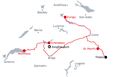 Mappa della Svizzera con l'itinerario del viaggio panoramico da Montreux a St. Moritz