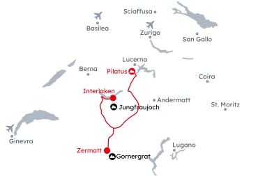 Mappa della Svizzera con l'itinerario Road Trip con escursioni in montagna da Interlaken a Pilatus