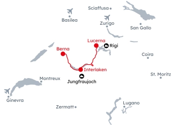 Mappa della Svizzera con l'itinerario Momenti invernali a Lucerna, Interlaken e Berna