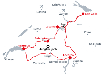 Mappa della Svizzera con l'itinerario Panorami invernali e cime incantate da San Gallo a Lucerna