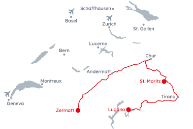 Map of Switzerland with the itinerary Glacier and Bernina Express Classic from Zermatt to St. Moritz