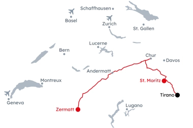 Map of Switzerland with the itinerary Glacier and Bernina Express from Zermatt to St. Moritz