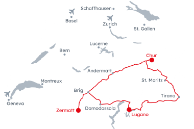 Map of Switzerland with the itinerary Glacier, Bernina and Centovalli Express from Chur