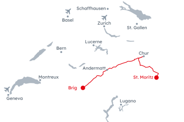 Map of Switzerland showing the Glacier Express route from Brig to St. Moritz