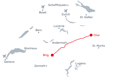 Map of Switzerland with the itinerary Glacier Express winter journey from Chur to Brig