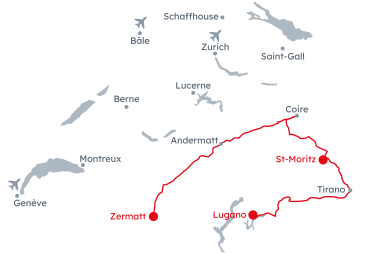 Carte de la Suisse avec l'itinéraire Glacier et Bernina Express Classique de Zermatt à St-Moritz