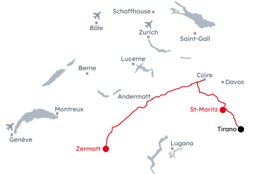 Carte de la Suisse avec l'itinéraire Glacier et Bernina Express de Zermatt à St-Moritz