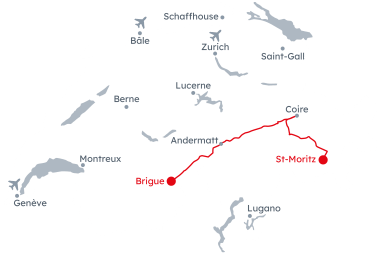 Karte der Schweiz mit der Reiseroute Glacier Express Brig – St. Moritz