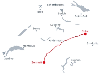 Carte de la Suisse avec l'itinéraire Glacier Express de Zermatt à Coire