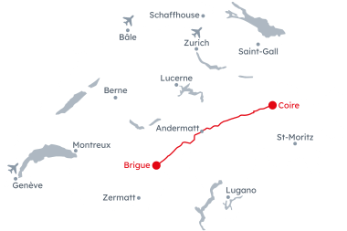 Carte de la Suisse avec l'itinéraire Glacier Express en hiver de Coire à Brigue