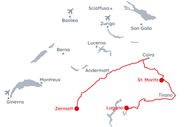 Mappa della Svizzera con l'itinerario Glacier e Bernina Express Classico da Zermatt a St. Moritz