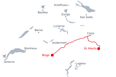 Mappa della Svizzera con l'itinerario Glacier Express Briga – St. Moritz