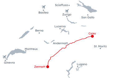 Mappa della Svizzera con l'itinerario Glacier Express da Zermatt a Coira