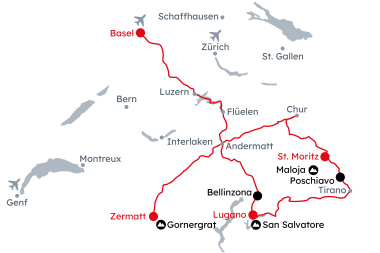 Karte der Schweiz mit der Reiseroute Alpenpanorama von Basel nach Zermatt