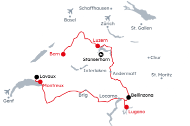 Karte der Schweiz mit der Reiseroute Kulinarische Höhenflüge von Bern nach Montreux