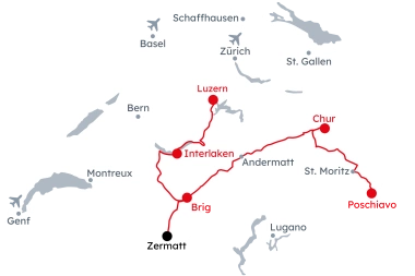 Karte der Schweiz mit der Reiseroute der Grand Train Tour of Switzerland – Bestes vom Winter von Luzern nach Chur