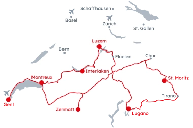 Carte de la Suisse avec l'itinéraire du Grand Train Tour of Switzerland Grand Train Tour of Switzerland – Classique Ouest
