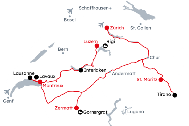 Carte de la Suisse avec l'itinéraire du Grand Train Tour of Switzerland - Voyage découverte de Zurich à Lucerne