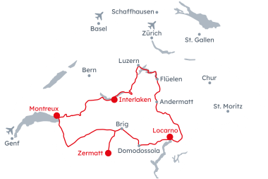 Karte der Schweiz mit der Reiseroute Grand Train Tour of Switzerland – Alpen Rivieren von Interlaken nach Luzern