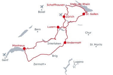 Karte der Schweiz Reiseroute Grand Train Tour of Switzerland – Ost West