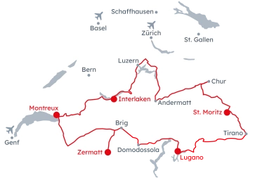 Karte der Schweiz Reiseroute Grand Train Tour of Switzerland – Seen und Gipfel