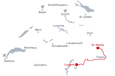Map of Switzerland with travel route of the Bernina Express Classic from St. Moritz to Lugano