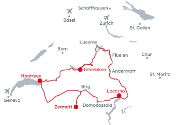 Map of Switzerland showing the Grand Train Tour of Switzerland itinerary – Alpine Rivieras from Interlaken to Lucerne